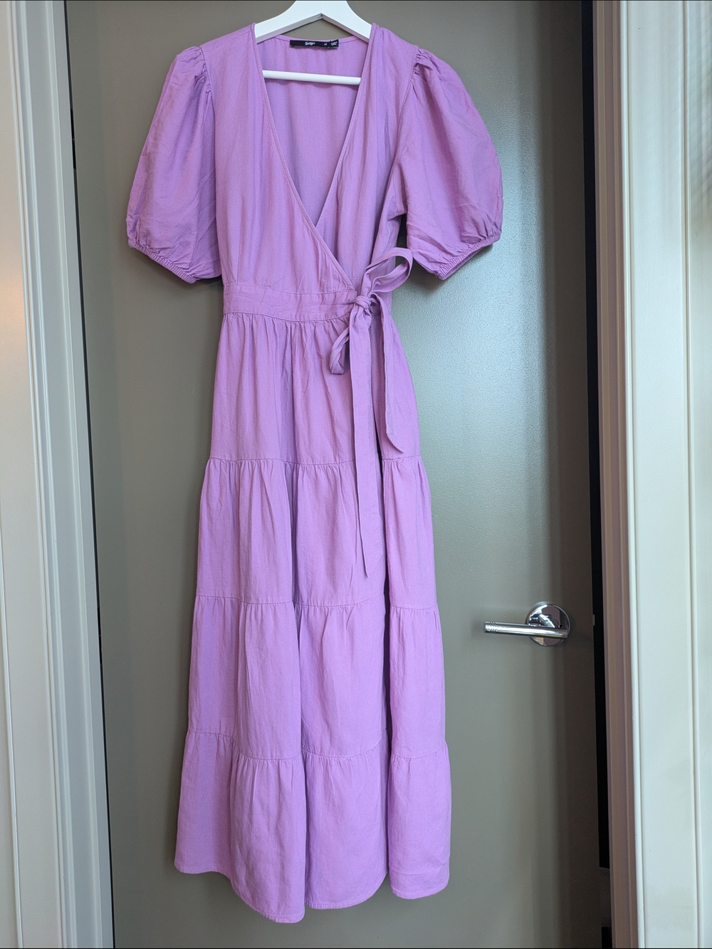 Linen Sportsgirl Size 10 AU/6 US Lilac Wrap Maxi Dress with Puff Sleeves Boho